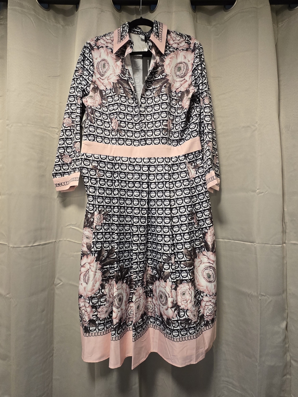 Lei Meng Floral Geometric Shirt Dress in Pink and Black